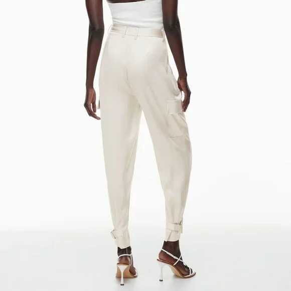 Aritzia Babaton Refined Satin Cargo Pants Matte Pearl Ankle Cut Women's Size 6 - Picture 2 of 12